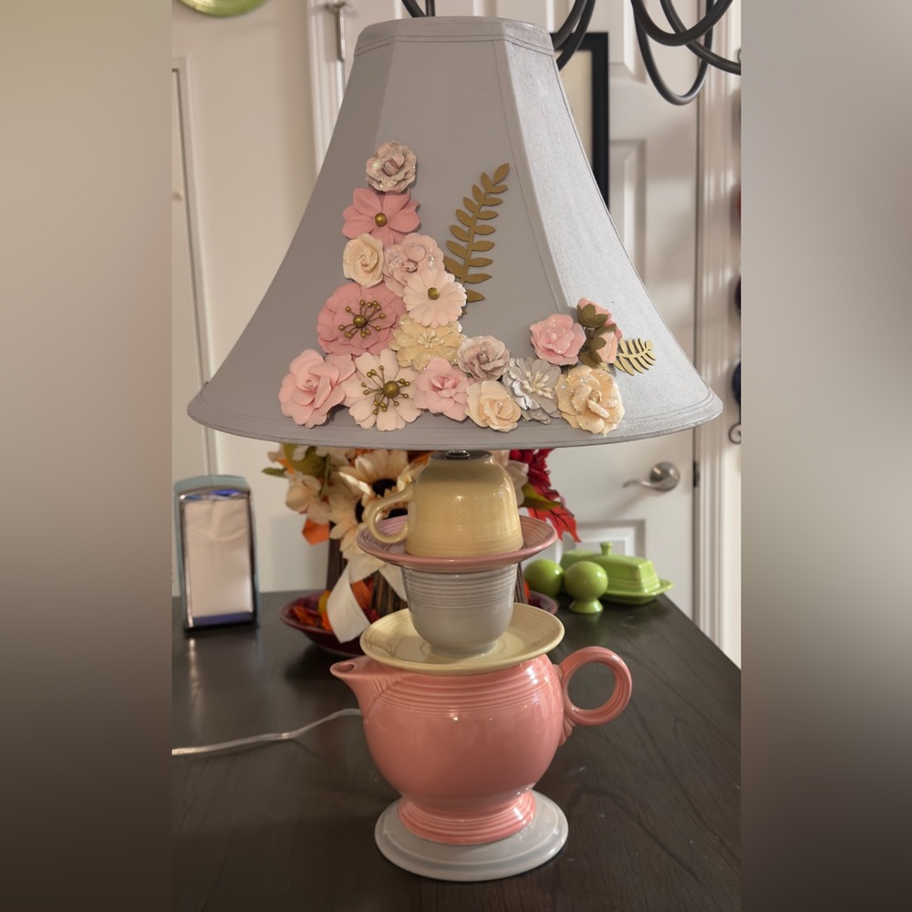 One-of-a-kind handmade Fiestaware teapot lamp